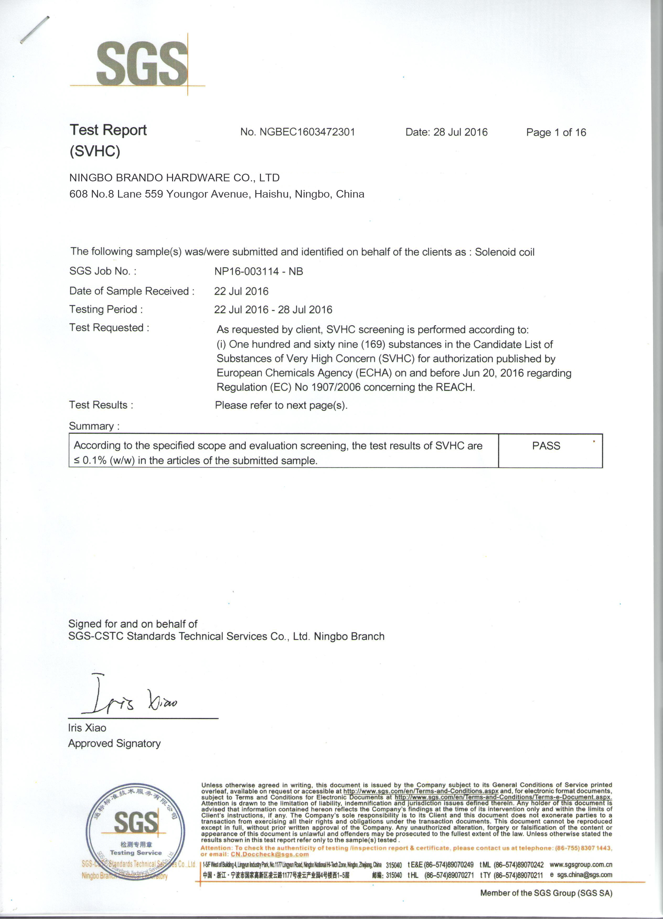 China Ningbo Brando Hardware Co., Ltd Certificaten